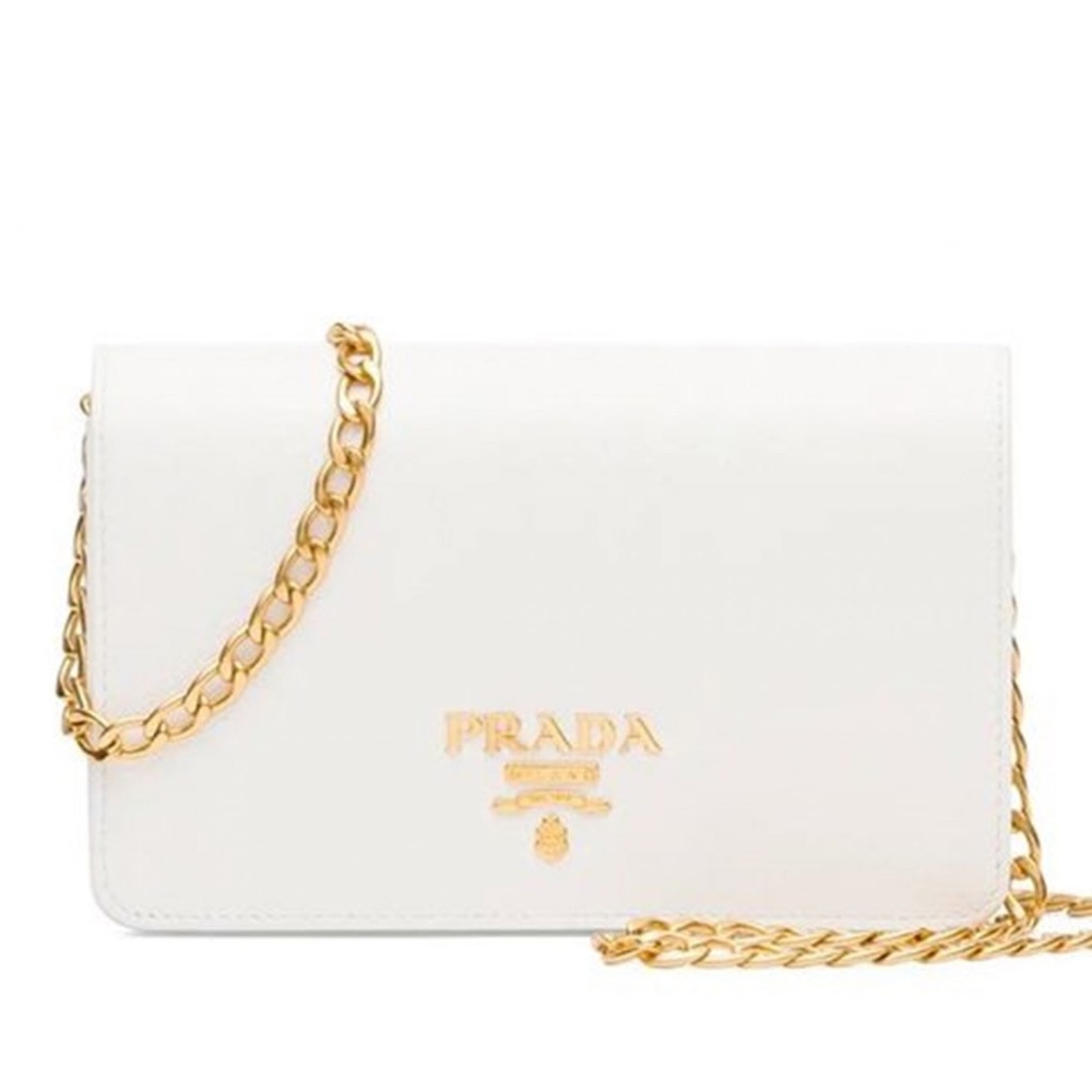 Prada White Leather Crossbody with Gold Chain